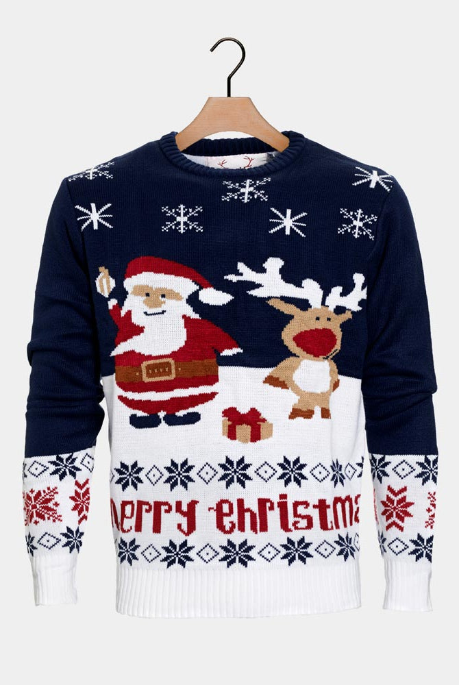 Camisola de Natal Azul con Pai Natal e Rena Rudolph