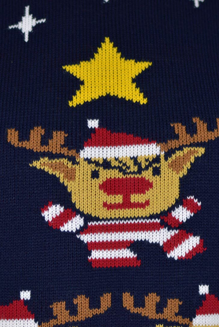 Camisola de Natal Azul com Rena, Árvore de Natal e Estrela Detalhe