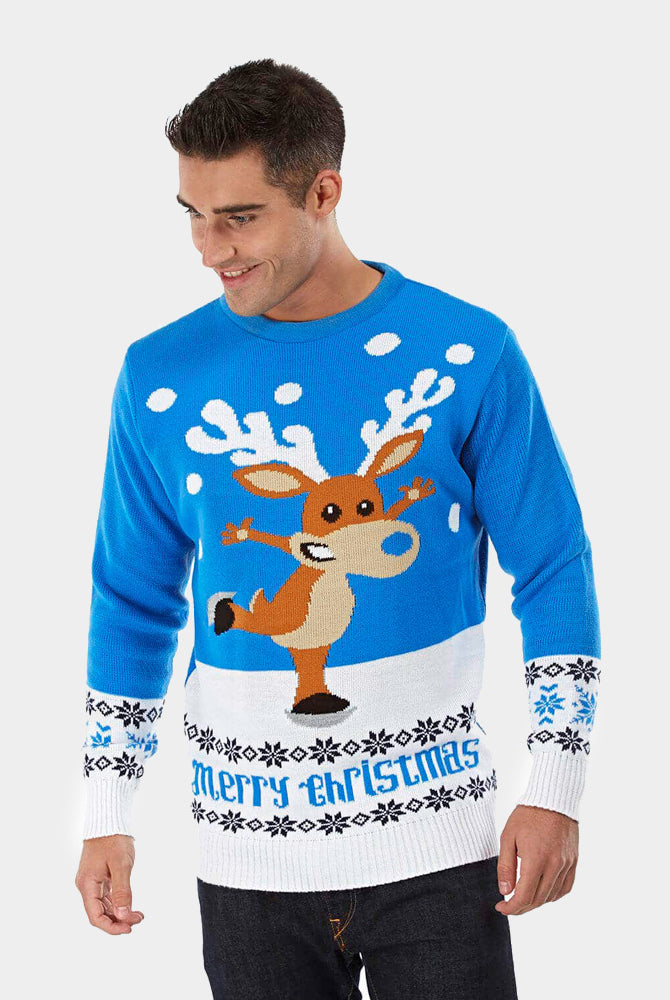 Camisola de Natal Azul com Rena Patinadora Homem