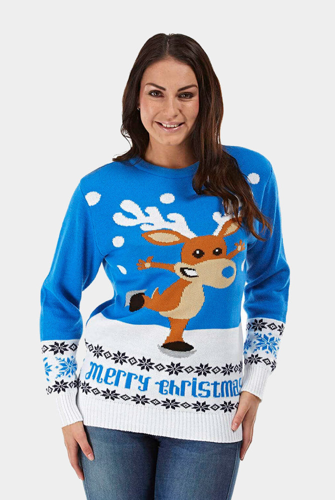 Camisola de Natal Azul com Rena Patinadora Mulher