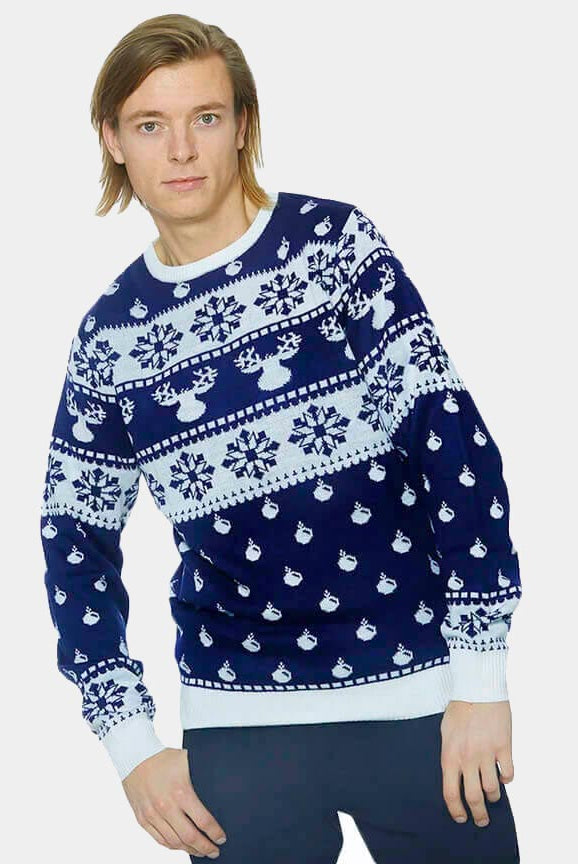 Camisola de Natal Azul com Renas e Neve 2021 Homem