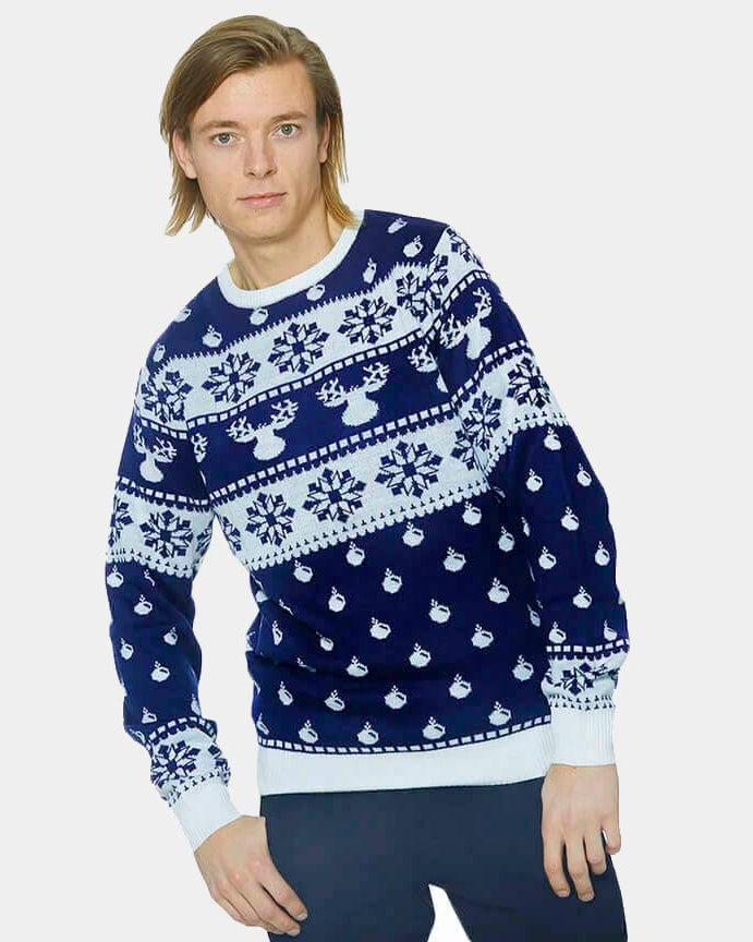 Camisola de Natal Azul com Renas e Neve 2021 Homem