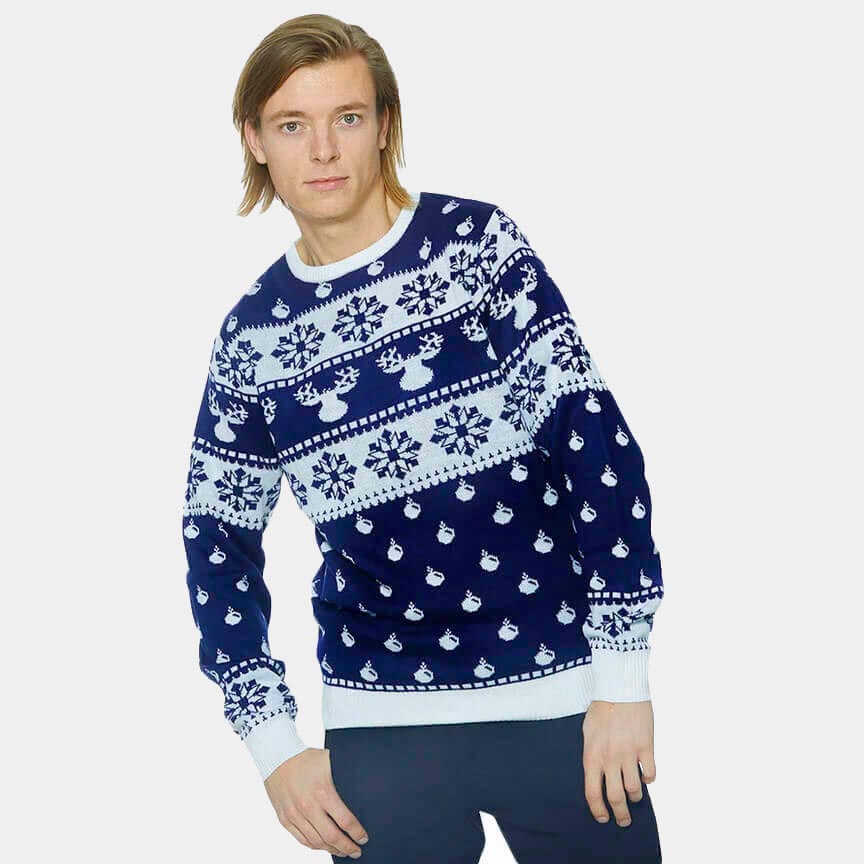 Camisola de Natal Azul com Renas e Neve 2021 Homem