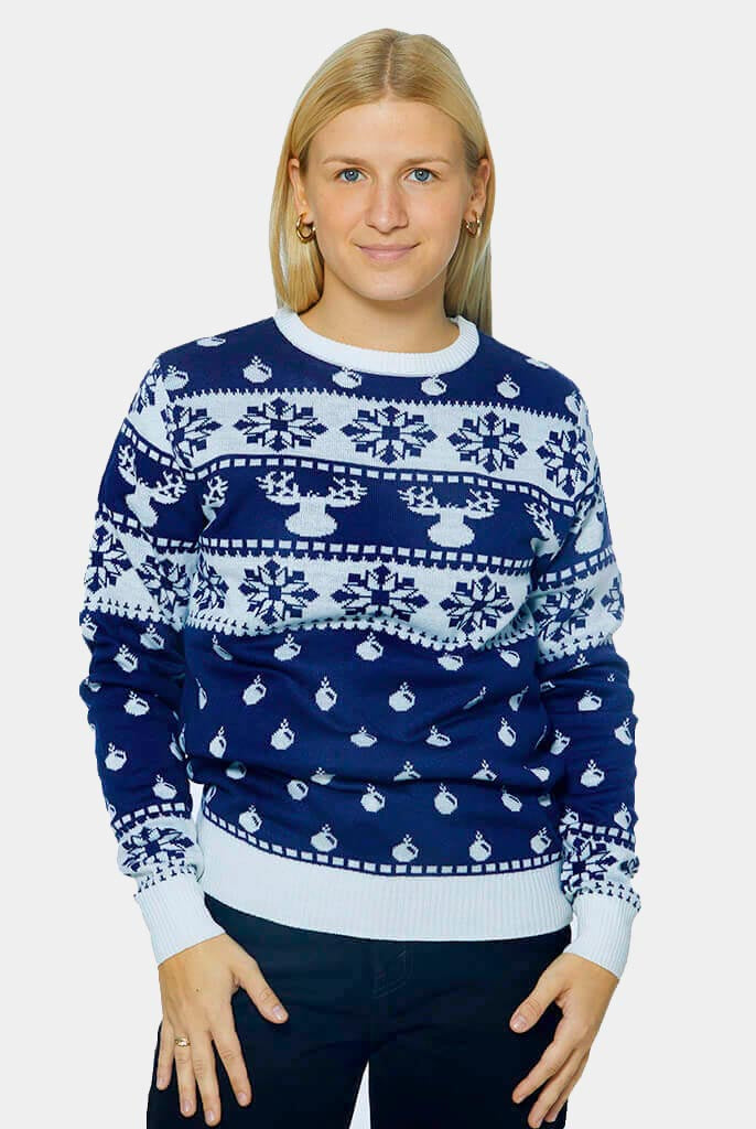 Camisola de Natal Azul com Renas e Neve 2021 Mulher
