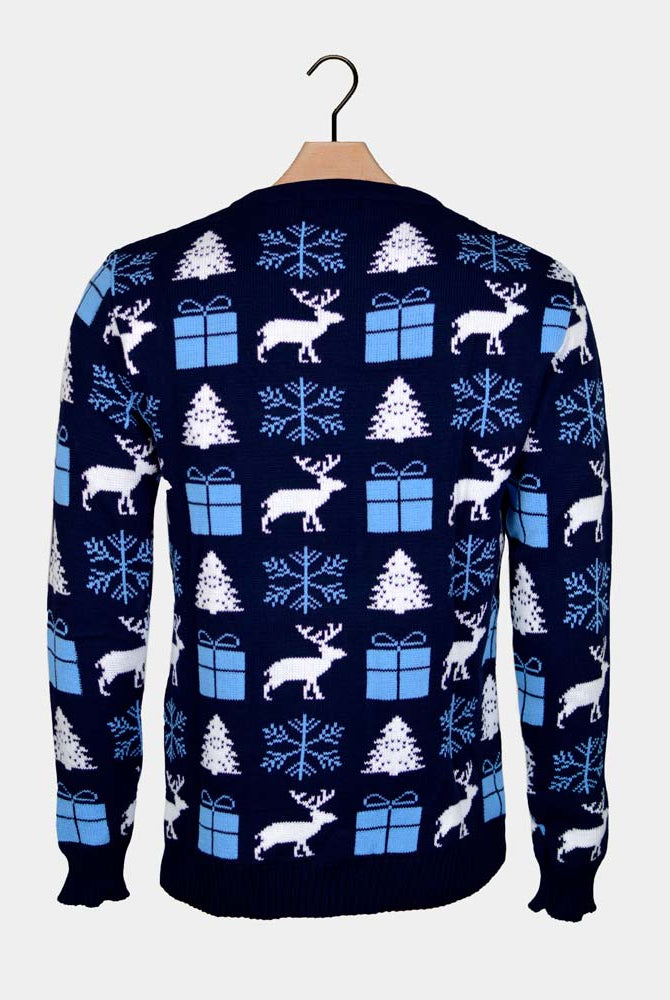 Camisola de Natal Azul com Renas, Presentes e Pinheiros Costas