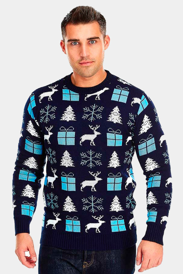 Camisola de Natal Azul com Renas, Presentes e Pinheiros Homem