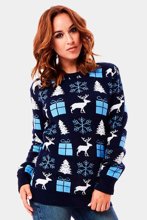 Camisola de Natal Azul com Renas, Presentes e Pinheiros Mulher