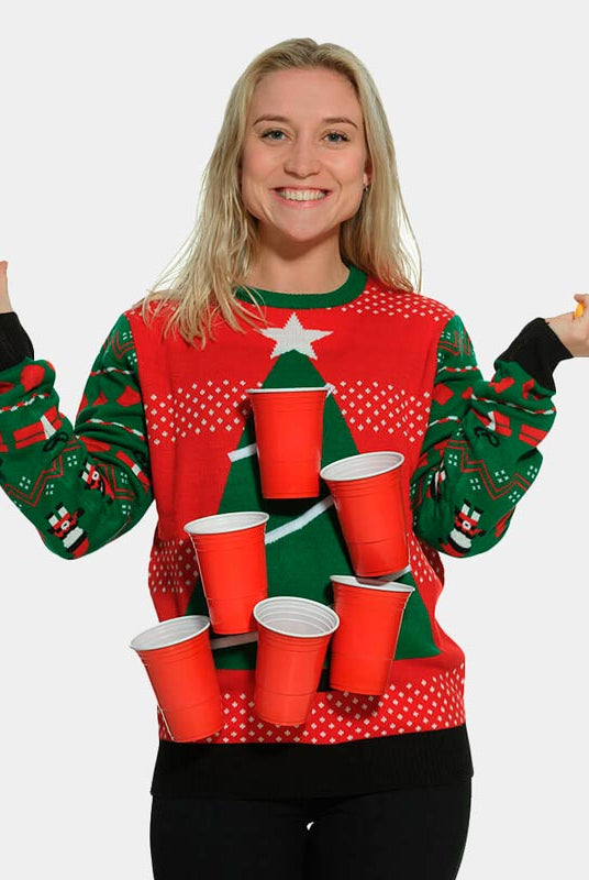 Mulher Camisola de Natal Beer-Pong + Abridor de cerveja