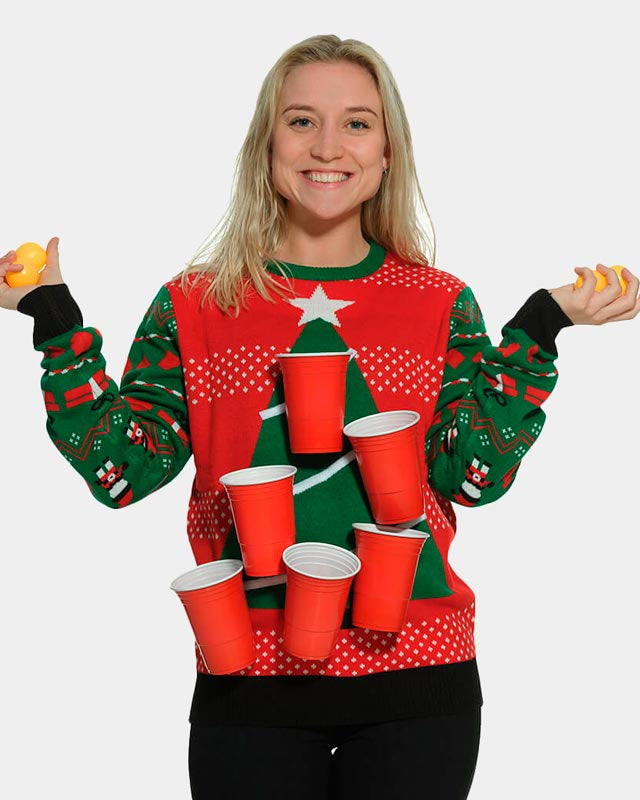 Mulher Camisola de Natal Beer-Pong + Abridor de cerveja