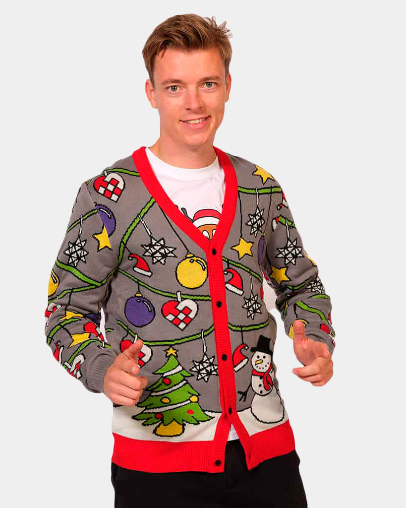 Camisola de Natal Cardigan Árvore e Boneco de Neve Homem
