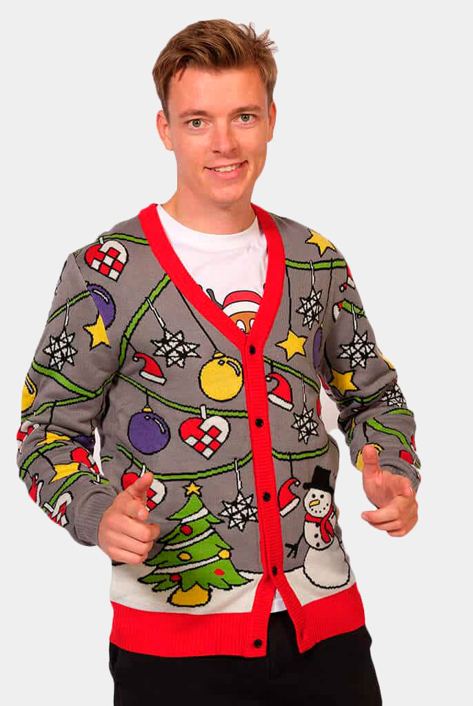Camisola de Natal Cardigan Árvore e Boneco de Neve Homem
