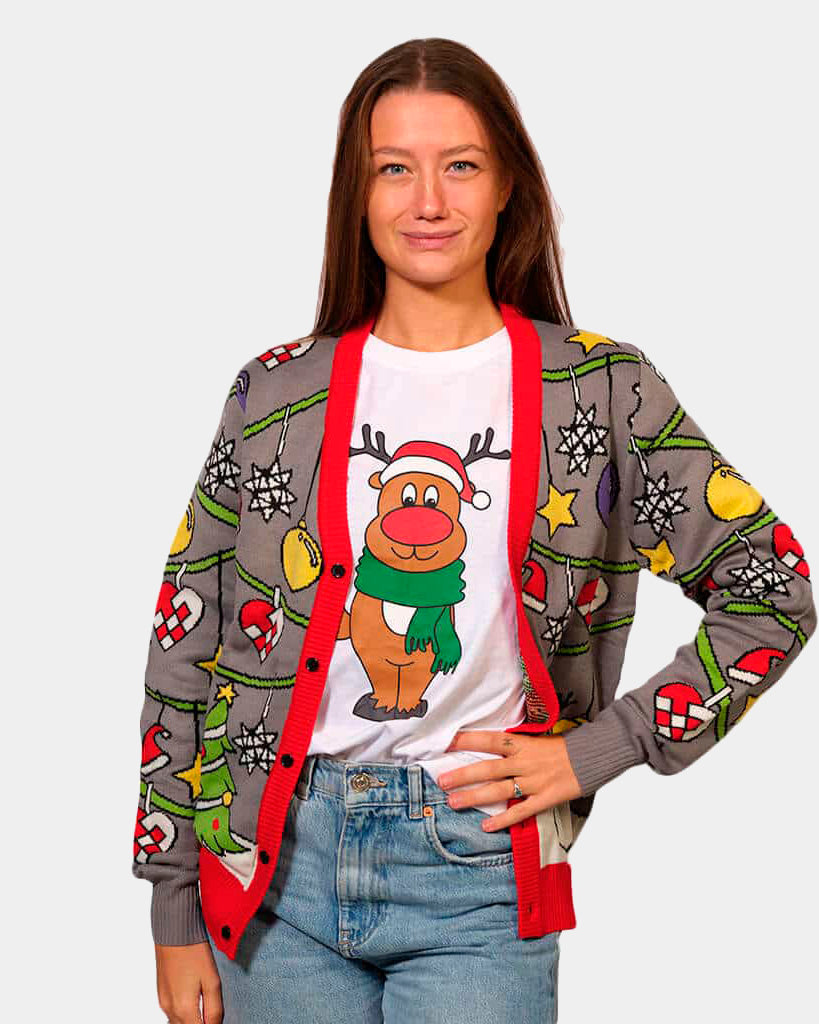 Camisola de Natal Cardigan Árvore e Boneco de Neve Mulher