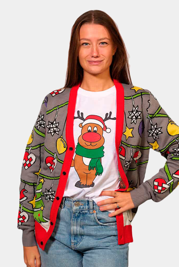 Camisola de Natal Cardigan Árvore e Boneco de Neve Mulher