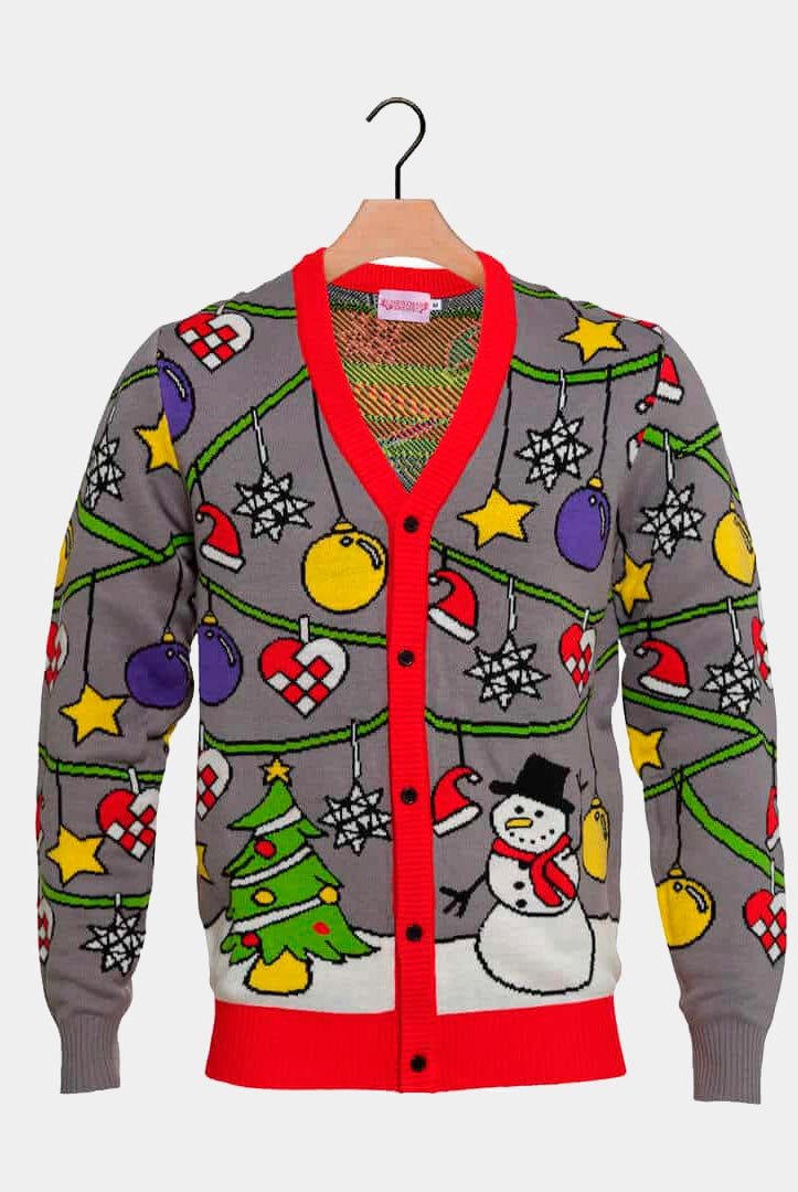 Camisola de Natal Cardigan Árvore e Boneco de Neve