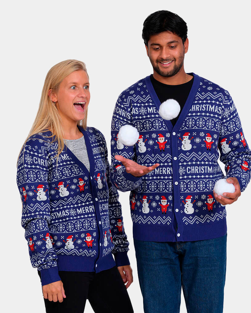 Camisola de Natal Cardigan Azul Let Is Snow Casal Mulher e Homem