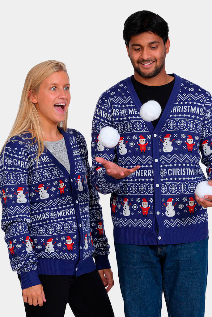 Camisola de Natal Cardigan Azul Let Is Snow Casal Mulher e Homem