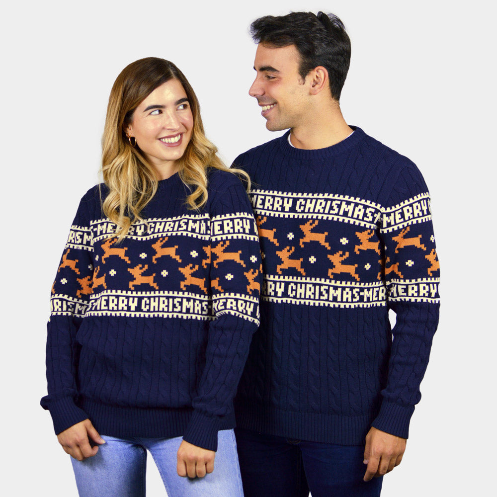 Camisola de Natal Elegante Azul com Renas Casal