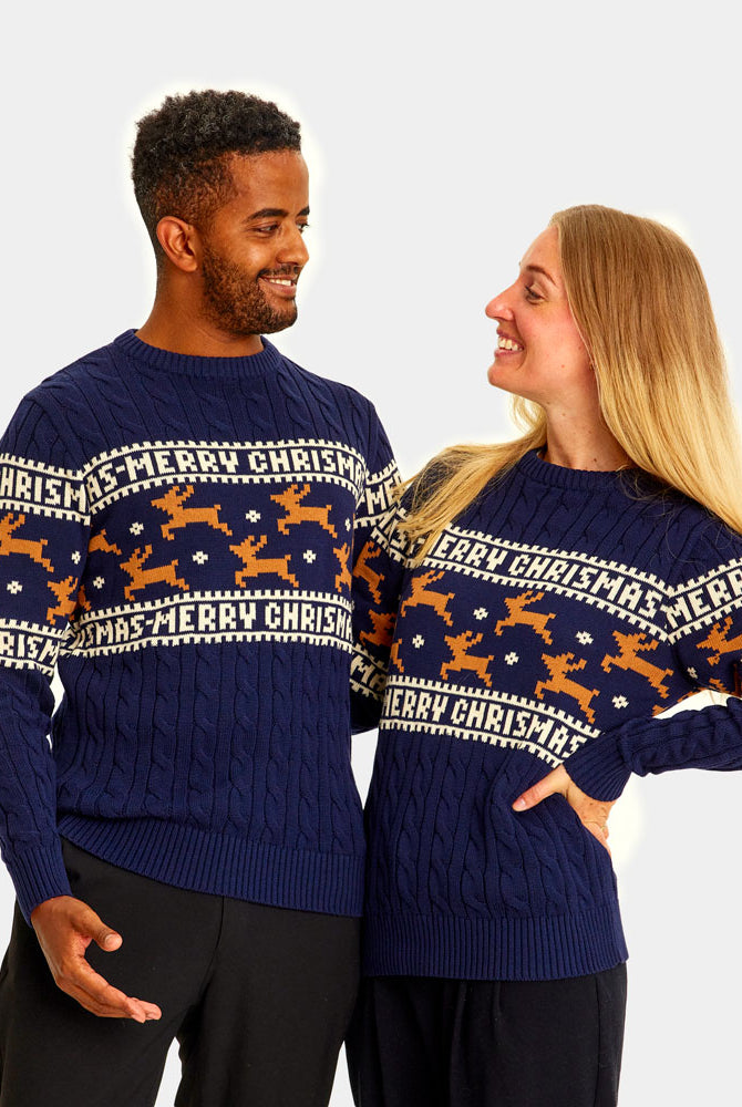 Camisola de Natal Elegante Azul com Renas Casal