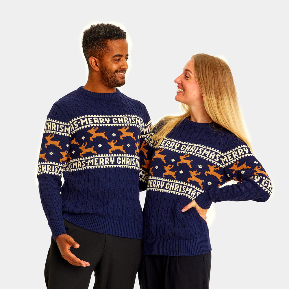 Camisola de Natal Elegante Azul com Renas Casal