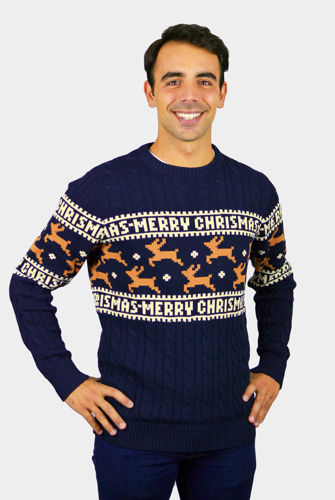 Camisola de Natal Elegante Azul com Renas Homem
