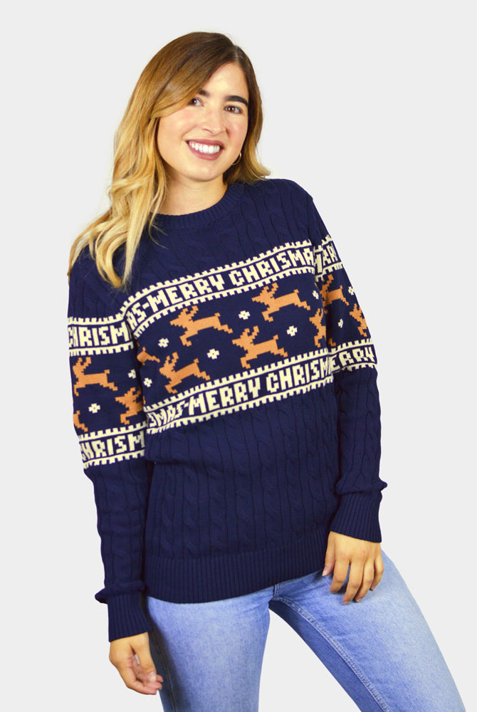 Camisola de Natal Elegante Azul com Renas Mulher