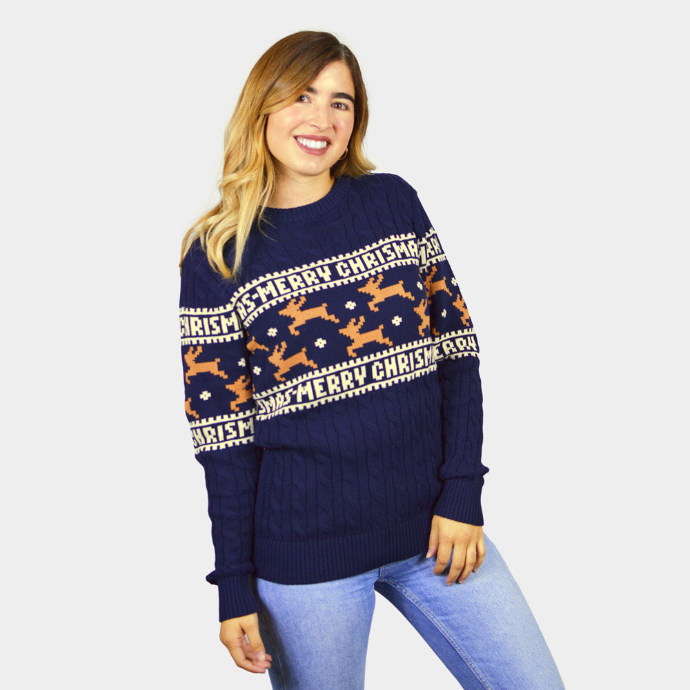 Camisola de Natal Elegante Azul com Renas Mulher