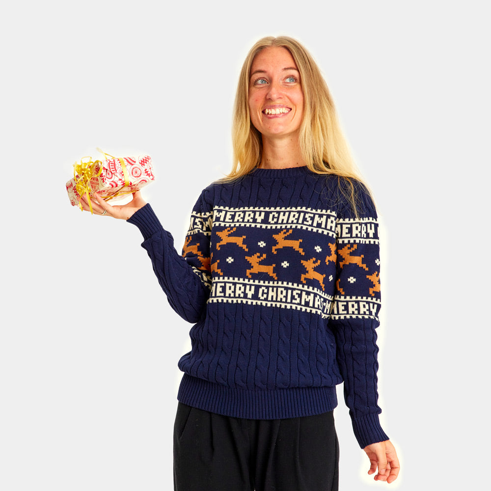 Camisola de Natal Elegante Azul com Renas Mulher