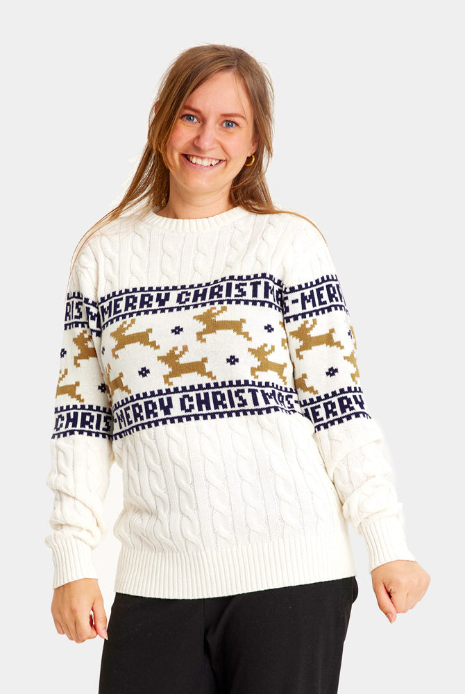 Camisola de Natal Elegante Branca com Renas Mulher