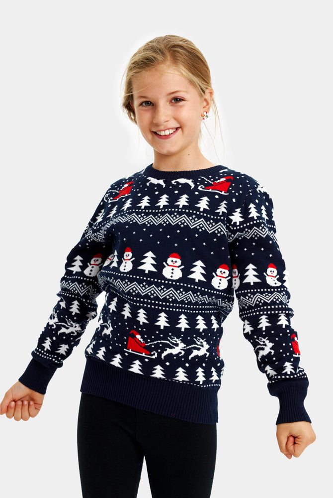 Camisola de Natal Azul para Família com Árvores, Bonecos e Pai Natal Menina