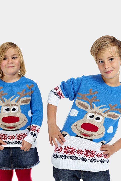 Camisola de Natal para Família Azul Claro com Rena e Neve Crianças