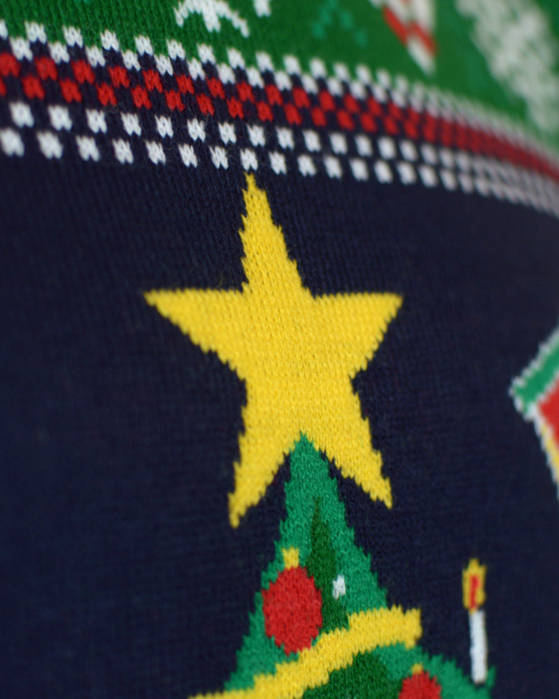 Camisola de Natal Azul com Luzes LED para Família Árvore de Natal Detalhe Neve