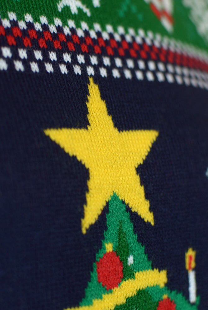 Camisola de Natal Azul com Luzes LED para Família Árvore de Natal Detalhe Neve