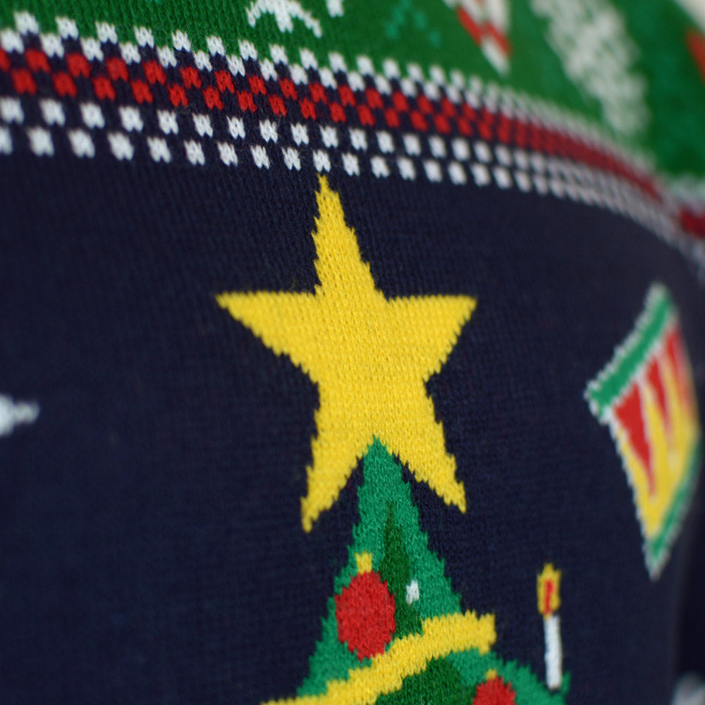 Camisola de Natal Azul com Luzes LED para Família Árvore de Natal Detalhe Neve