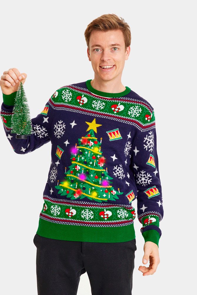 Camisola de Natal Azul com Luzes LED para Família Árvore de Natal Homem