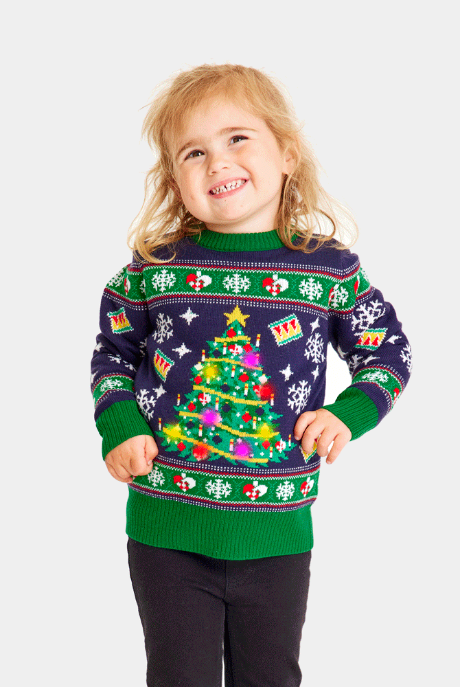 Camisola de Natal Azul com Luzes LED para Família Árvore de Natal Menina