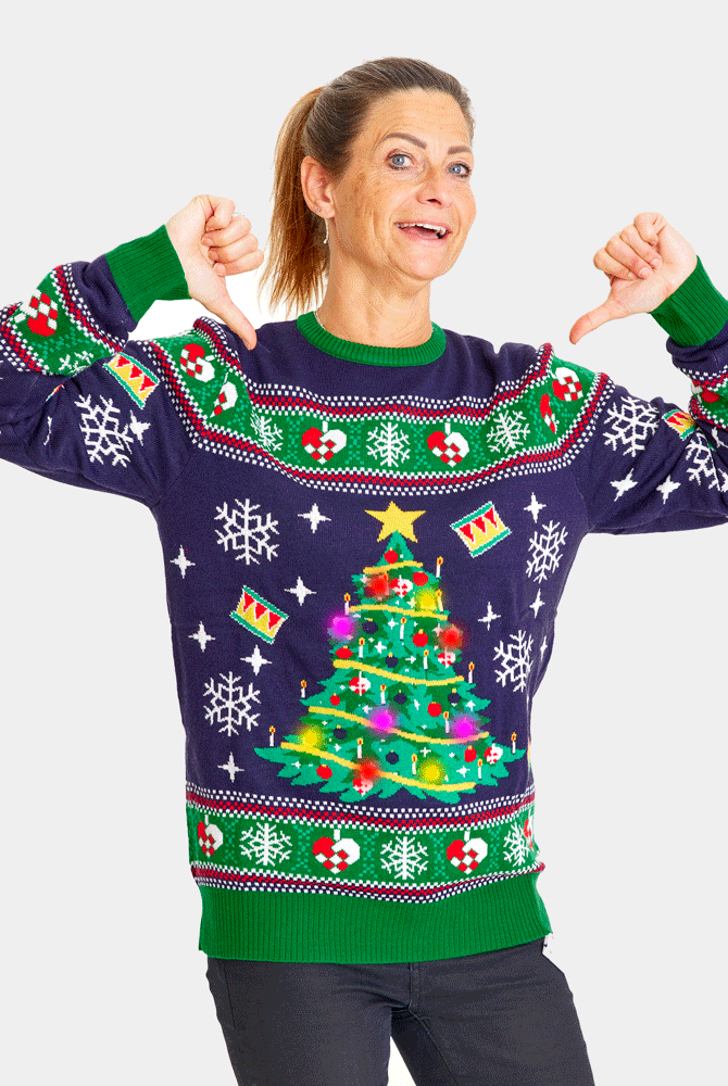 Camisola de Natal Azul com Luzes LED para Família Árvore de Natal Mulher