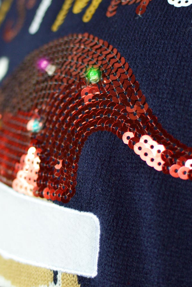 Camisola de Natal Azul com Luzes LED para Família Ginger Cookie Detalhe