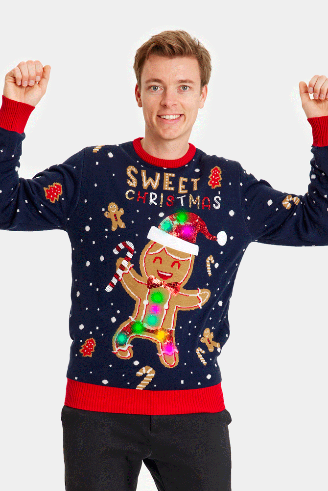 Camisola de Natal Azul com Luzes LED para Família Ginger Cookie Homem