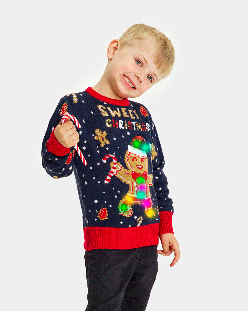Camisola de Natal Azul com Luzes LED para Família Ginger Cookie