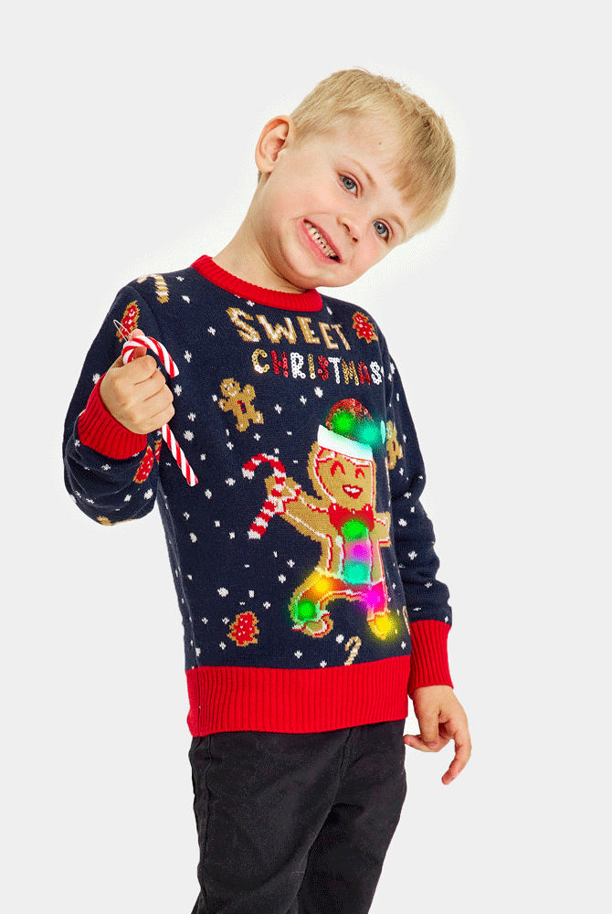 Camisola de Natal Azul com Luzes LED para Família Ginger Cookie