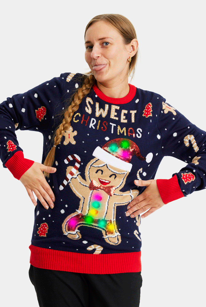 Camisola de Natal Azul com Luzes LED para Família Ginger Cookie Mulher
