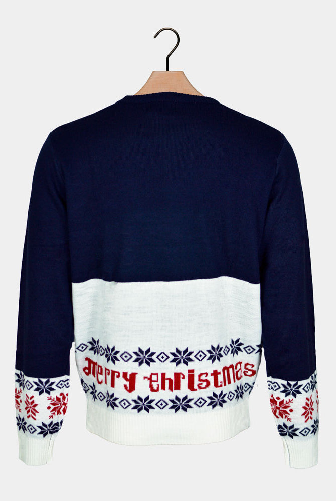 Camisola de Natal Azul Família Pai Natal Rena Rudolph Algodão Orgânico Costas