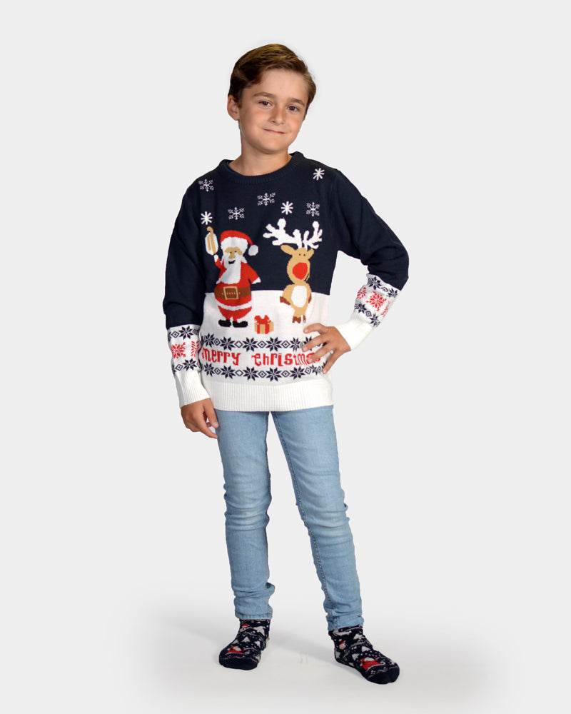 Camisola de Natal Azul Família Pai Natal Rena Rudolph Algodão Orgânico Menina