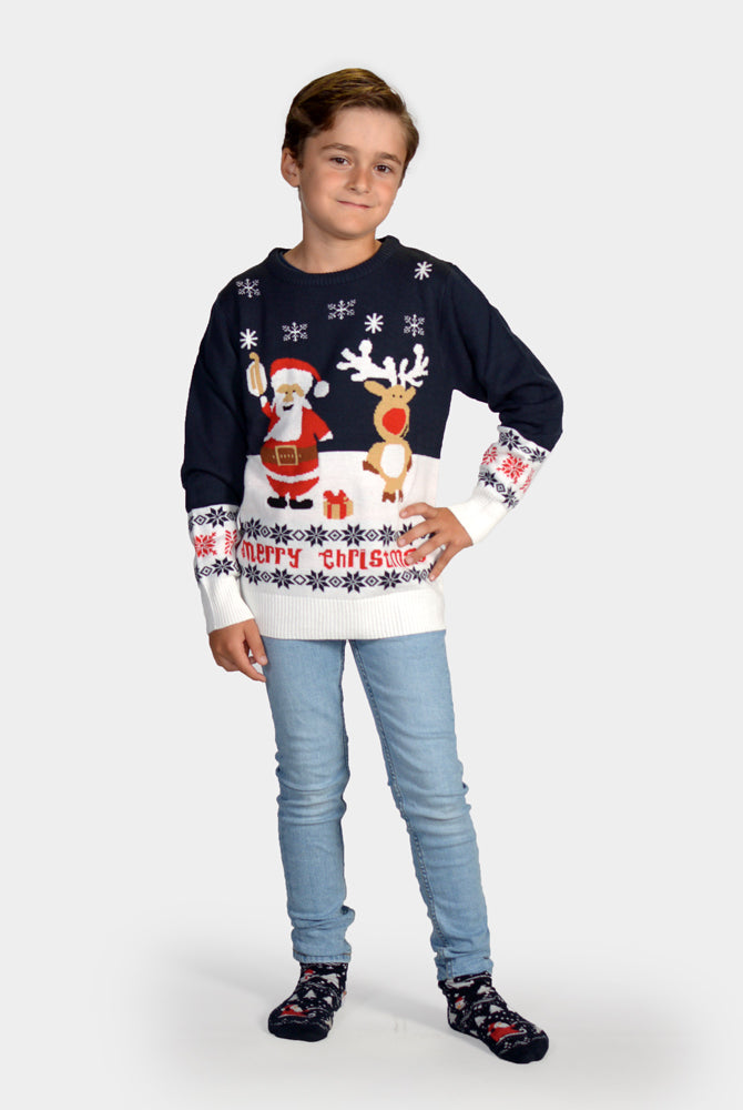 Camisola de Natal Azul Família Pai Natal Rena Rudolph Algodão Orgânico Menina