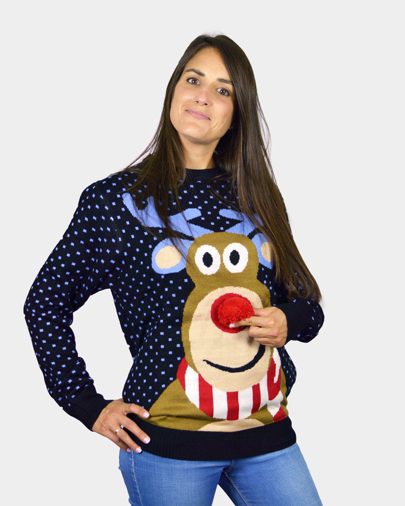 Camisola de Natal para Família Azul Rena com Nariz Vermelho 3D mulher