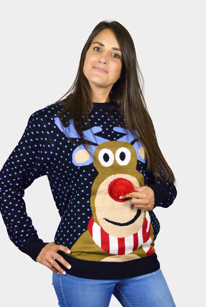 Camisola de Natal para Família Azul Rena com Nariz Vermelho 3D mulher