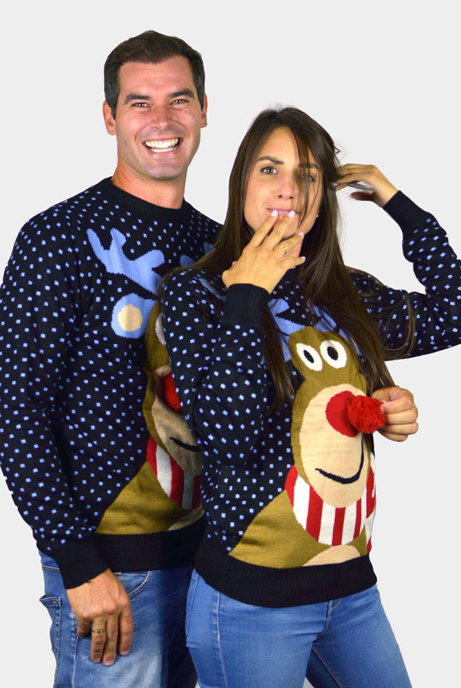 Camisola de Natal para Família Azul Rena com Nariz Vermelho 3D casal