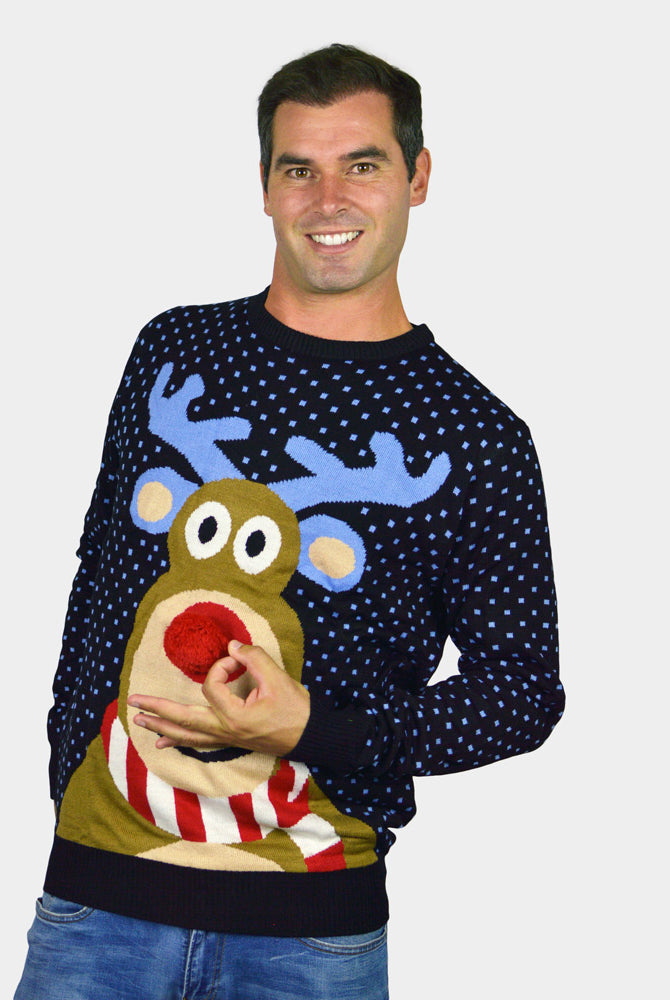 Camisola de Natal para Família Azul Rena com Nariz Vermelho 3D homem