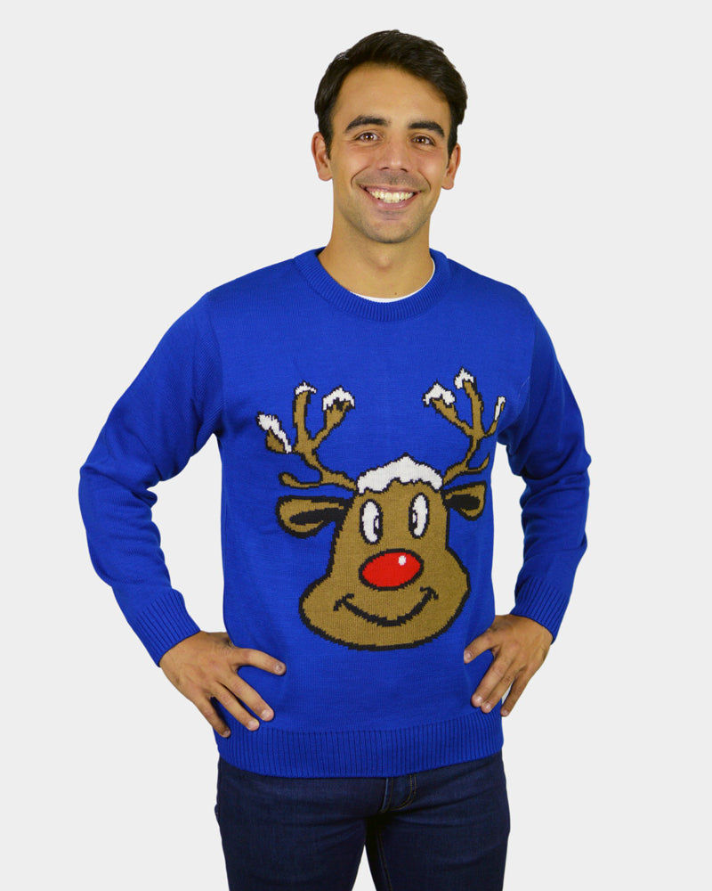 Camisola de Natal para Família Azul com Rena Sorridente Homem