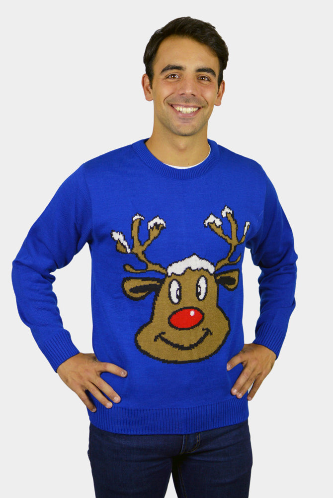 Camisola de Natal para Família Azul com Rena Sorridente Homem